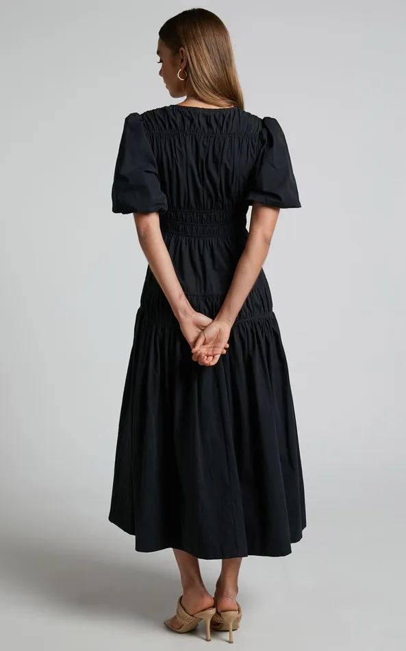 Showpo Mellie Midi Dress 8211 Puff Sleeve Plunge Tiered Dress In Black Women Curve Clothes