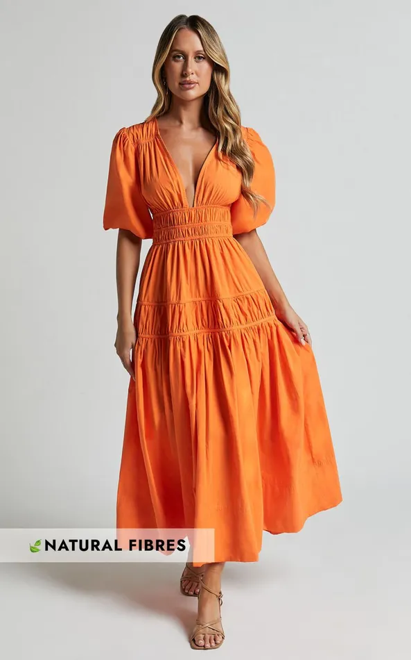 Showpo Mellie Midi Dress 8211 Puff Sleeve Plunge Tiered Dress In Orange Women Dresses Showpo Mellie Midi Dress 8211 Puff Sleeve Plunge Tiered Dress In Orange Women Dresses