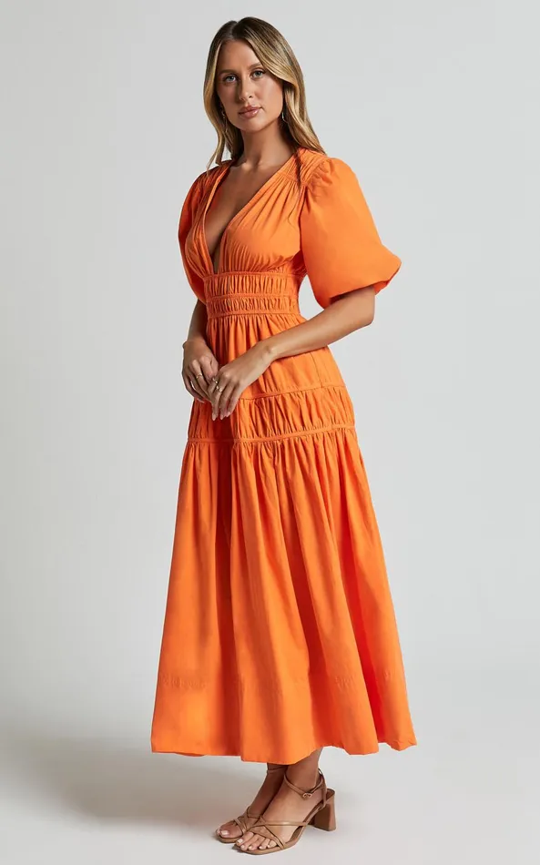 Showpo Mellie Midi Dress 8211 Puff Sleeve Plunge Tiered Dress In Orange Women Dresses