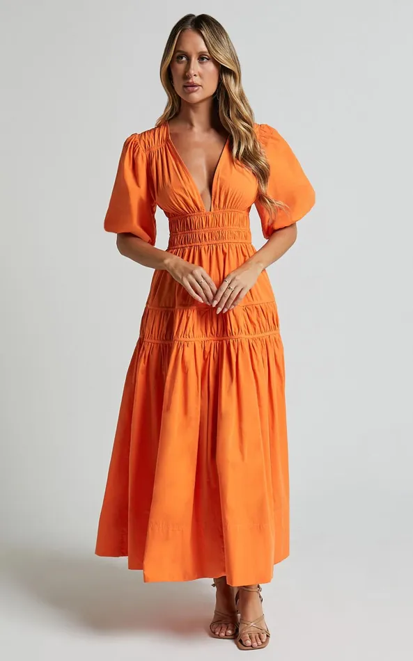 Showpo Mellie Midi Dress 8211 Puff Sleeve Plunge Tiered Dress In Orange Women Dresses