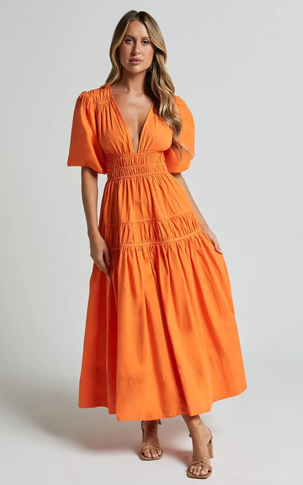 Showpo Mellie Midi Dress 8211 Puff Sleeve Plunge Tiered Dress In Orange Women Dresses