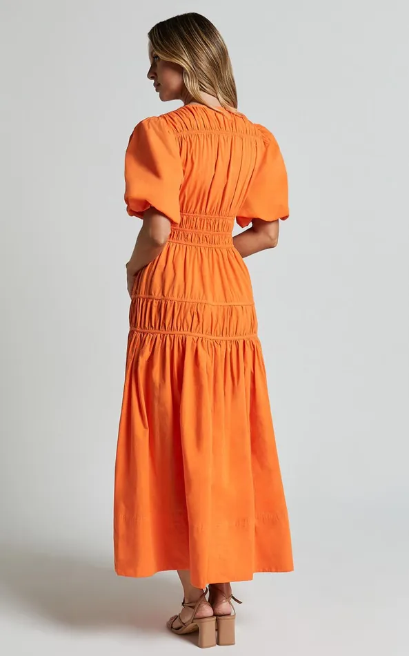 Showpo Mellie Midi Dress 8211 Puff Sleeve Plunge Tiered Dress In Orange Women Dresses