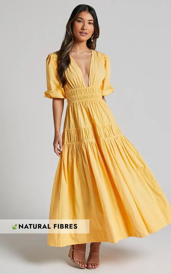 Showpo Mellie Midi Dress 8211 Puff Sleeve Plunge Tiered Dress In Pineapple Women Curve Clothes Showpo Mellie Midi Dress 8211 Puff Sleeve Plunge Tiered Dress In Pineapple Women Curve Clothes