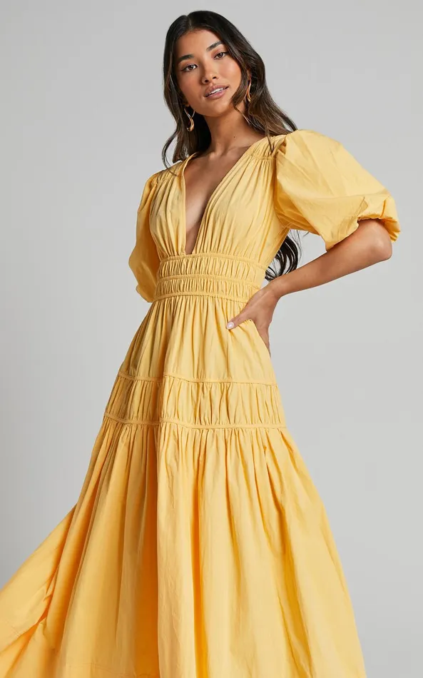 Showpo Mellie Midi Dress 8211 Puff Sleeve Plunge Tiered Dress In Pineapple Women Curve Clothes