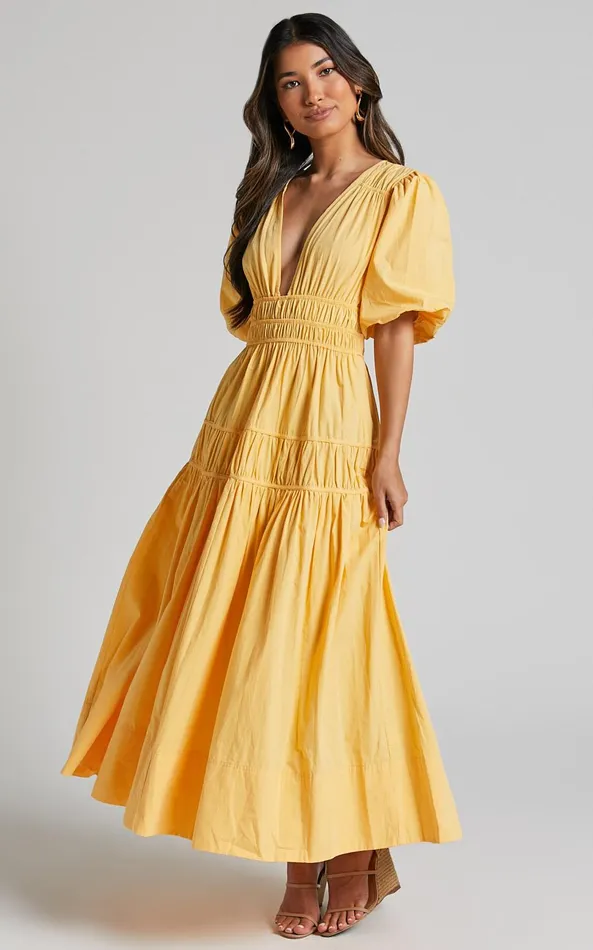 Showpo Mellie Midi Dress 8211 Puff Sleeve Plunge Tiered Dress In Pineapple Women Curve Clothes