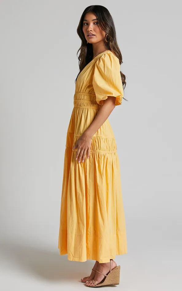 Showpo Mellie Midi Dress 8211 Puff Sleeve Plunge Tiered Dress In Pineapple Women Curve Clothes