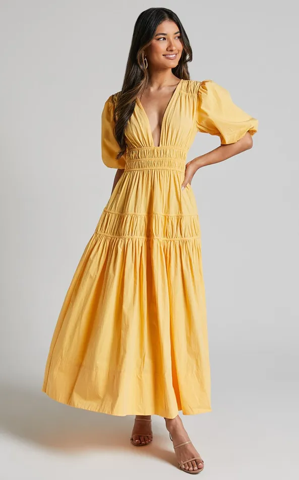 Showpo Mellie Midi Dress 8211 Puff Sleeve Plunge Tiered Dress In Pineapple Women Curve Clothes