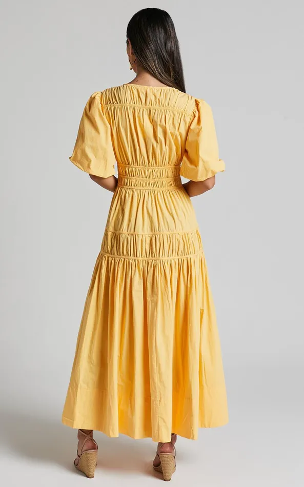 Showpo Mellie Midi Dress 8211 Puff Sleeve Plunge Tiered Dress In Pineapple Women Curve Clothes