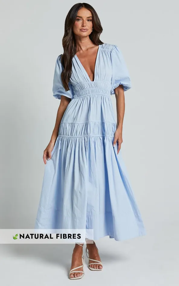 Showpo Mellie Midi Dress 8211 Puff Sleeve Plunge Tiered Dress In Soft Blue Women Curve Clothes Showpo Mellie Midi Dress 8211 Puff Sleeve Plunge Tiered Dress In Soft Blue Women Curve Clothes