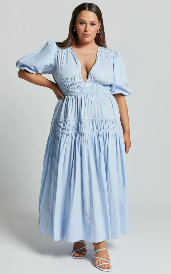 Showpo Mellie Midi Dress 8211 Puff Sleeve Plunge Tiered Dress In Soft Blue Women Curve Clothes
