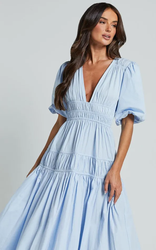 Showpo Mellie Midi Dress 8211 Puff Sleeve Plunge Tiered Dress In Soft Blue Women Curve Clothes