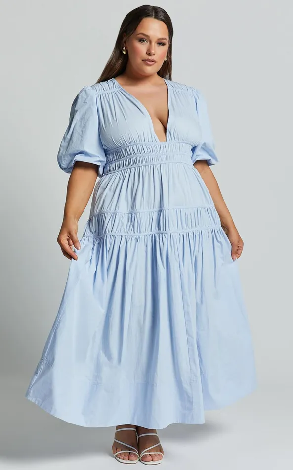 Showpo Mellie Midi Dress 8211 Puff Sleeve Plunge Tiered Dress In Soft Blue Women Curve Clothes