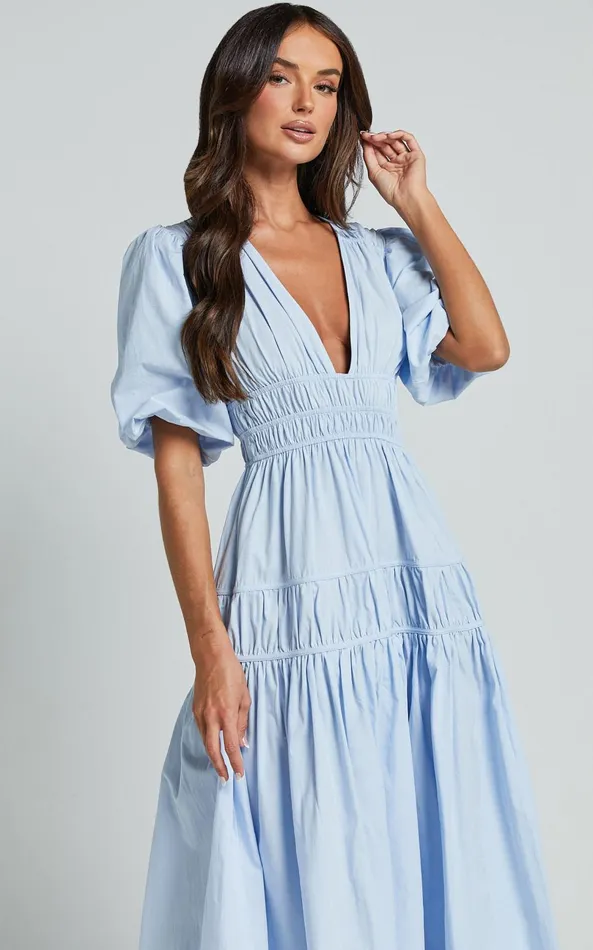 Showpo Mellie Midi Dress 8211 Puff Sleeve Plunge Tiered Dress In Soft Blue Women Curve Clothes