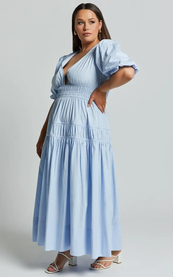 Showpo Mellie Midi Dress 8211 Puff Sleeve Plunge Tiered Dress In Soft Blue Women Curve Clothes