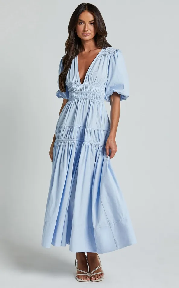 Showpo Mellie Midi Dress 8211 Puff Sleeve Plunge Tiered Dress In Soft Blue Women Curve Clothes