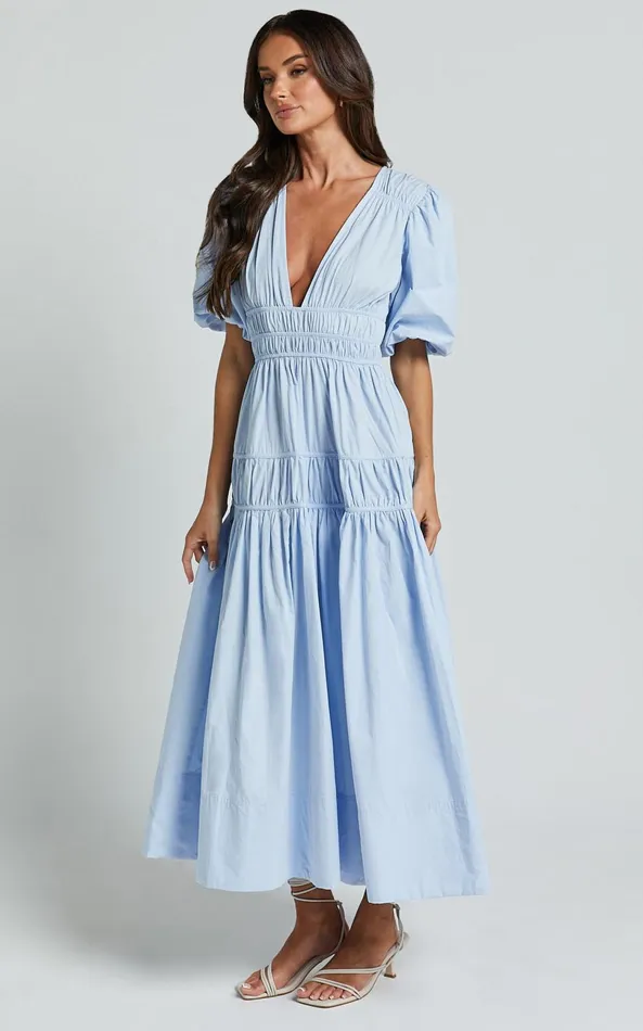 Showpo Mellie Midi Dress 8211 Puff Sleeve Plunge Tiered Dress In Soft Blue Women Curve Clothes