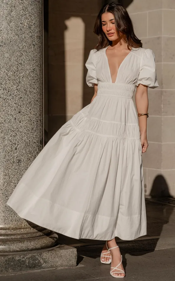 Showpo Mellie Midi Dress 8211 Puff Sleeve Plunge Tiered Dress In White Women Curve Clothes Showpo Mellie Midi Dress 8211 Puff Sleeve Plunge Tiered Dress In White Women Curve Clothes