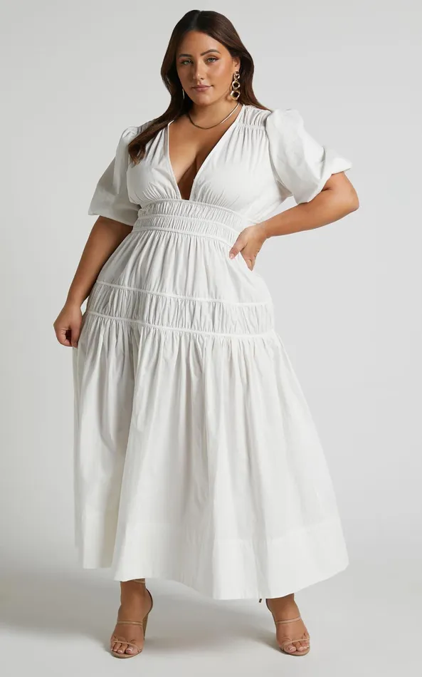 Showpo Mellie Midi Dress 8211 Puff Sleeve Plunge Tiered Dress In White Women Curve Clothes