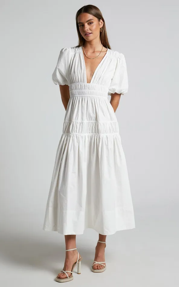 Showpo Mellie Midi Dress 8211 Puff Sleeve Plunge Tiered Dress In White Women Curve Clothes