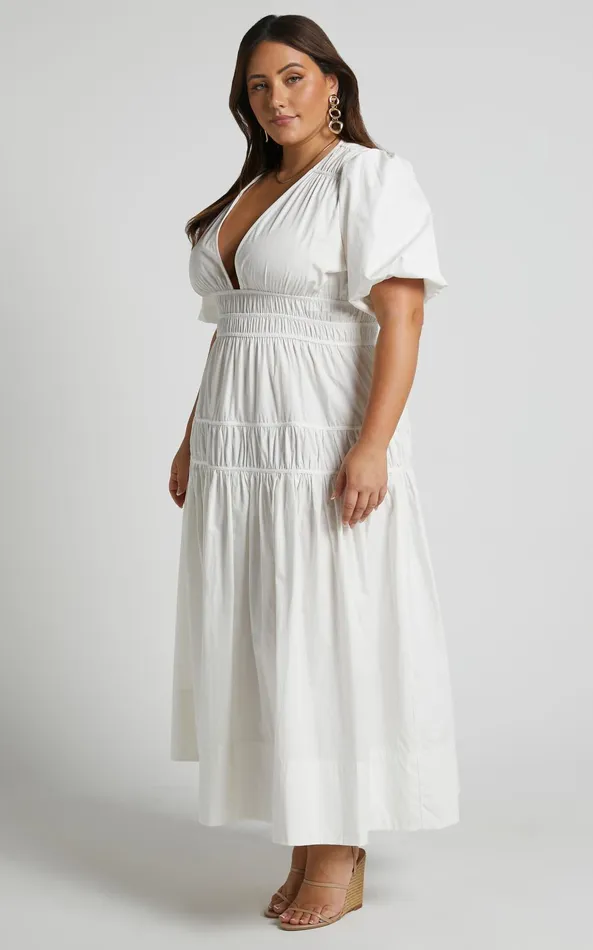 Showpo Mellie Midi Dress 8211 Puff Sleeve Plunge Tiered Dress In White Women Curve Clothes