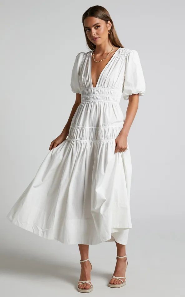 Showpo Mellie Midi Dress 8211 Puff Sleeve Plunge Tiered Dress In White Women Curve Clothes