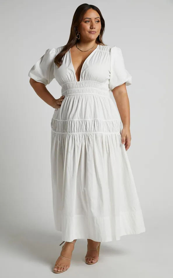 Showpo Mellie Midi Dress 8211 Puff Sleeve Plunge Tiered Dress In White Women Curve Clothes