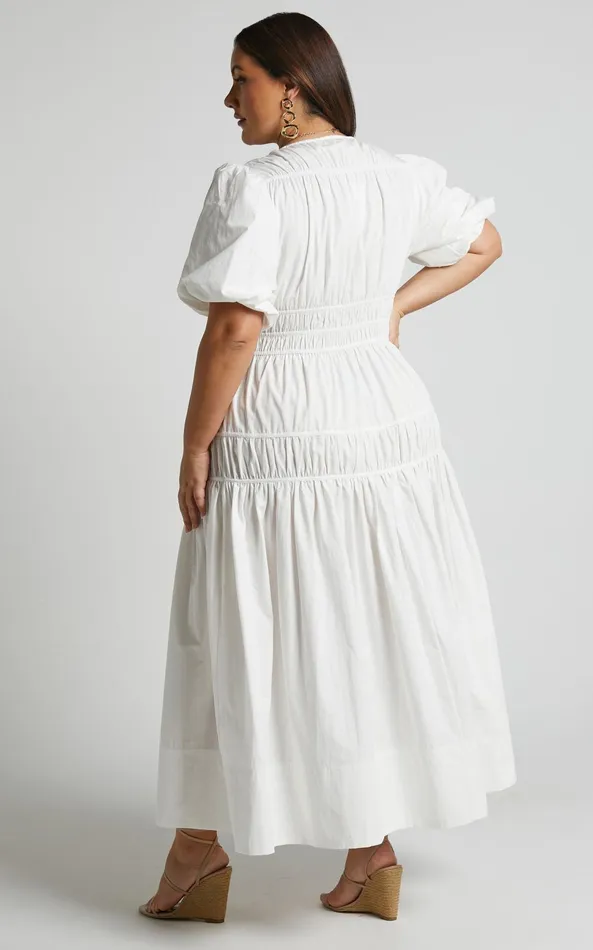 Showpo Mellie Midi Dress 8211 Puff Sleeve Plunge Tiered Dress In White Women Curve Clothes