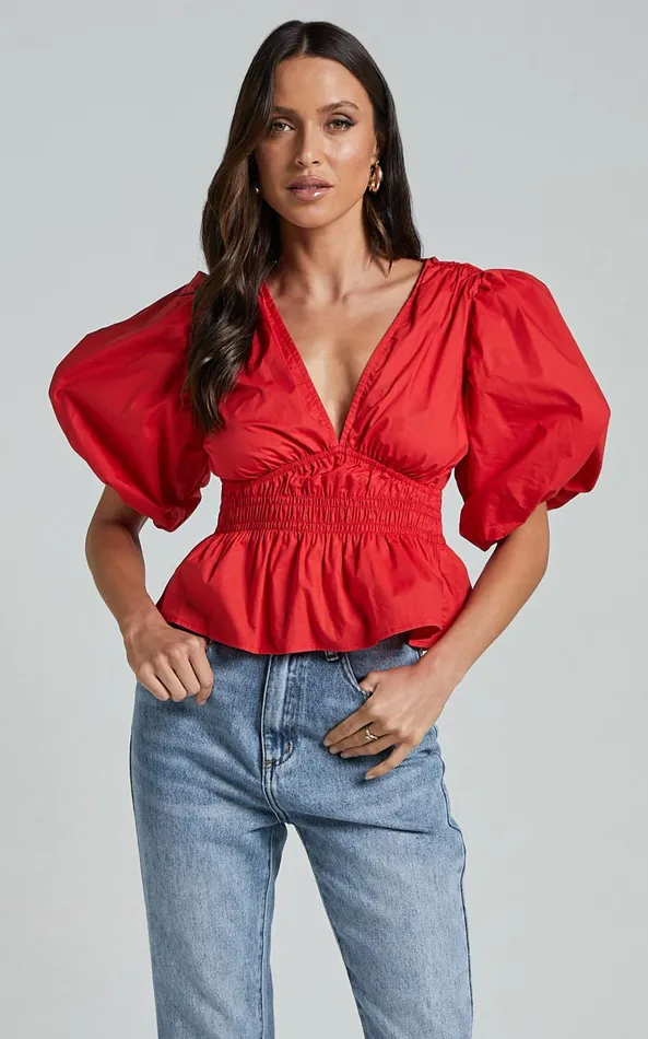 Showpo Mellie Top 8211 Puff Sleeve Peplum Top In Cherry Tomato Women Curve Clothes Showpo Mellie Top 8211 Puff Sleeve Peplum Top In Cherry Tomato Women Curve Clothes
