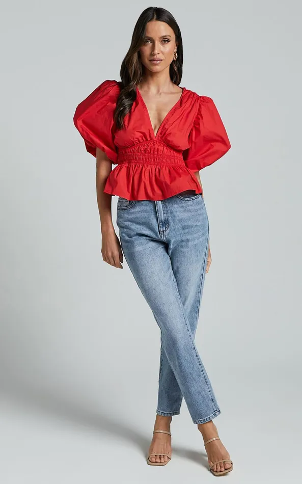 Showpo Mellie Top 8211 Puff Sleeve Peplum Top In Cherry Tomato Women Curve Clothes