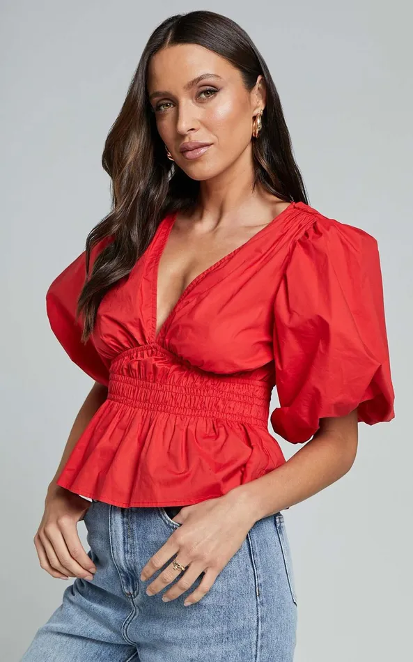 Showpo Mellie Top 8211 Puff Sleeve Peplum Top In Cherry Tomato Women Curve Clothes