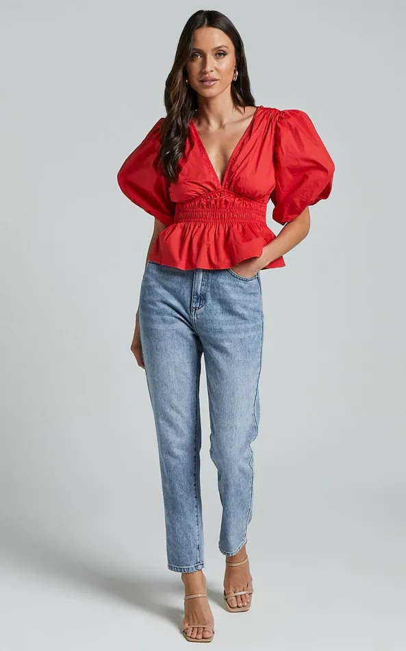 Showpo Mellie Top 8211 Puff Sleeve Peplum Top In Cherry Tomato Women Curve Clothes