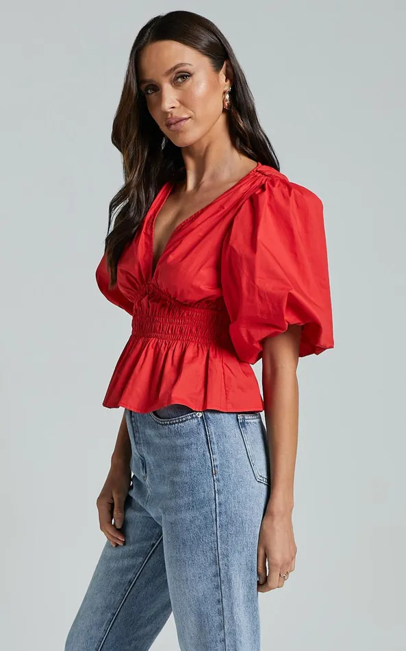 Showpo Mellie Top 8211 Puff Sleeve Peplum Top In Cherry Tomato Women Curve Clothes
