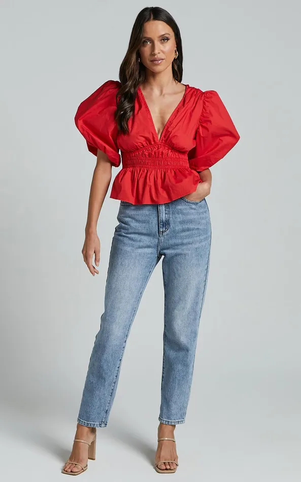 Showpo Mellie Top 8211 Puff Sleeve Peplum Top In Cherry Tomato Women Curve Clothes