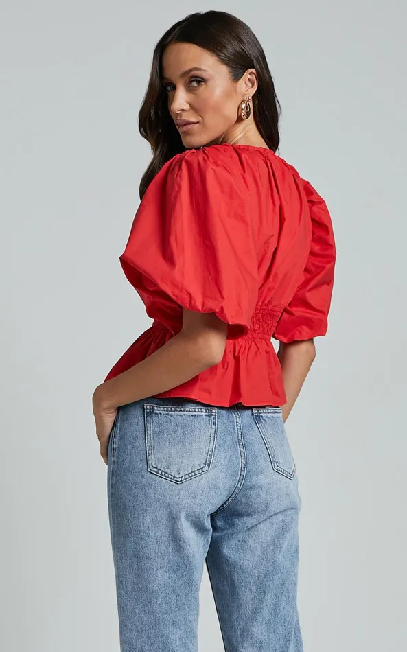 Showpo Mellie Top 8211 Puff Sleeve Peplum Top In Cherry Tomato Women Curve Clothes