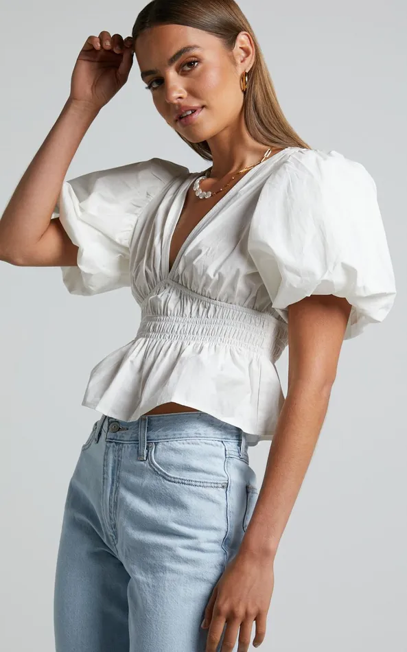 Showpo Mellie Top 8211 Puff Sleeve Peplum Top In White Women Curve Clothes