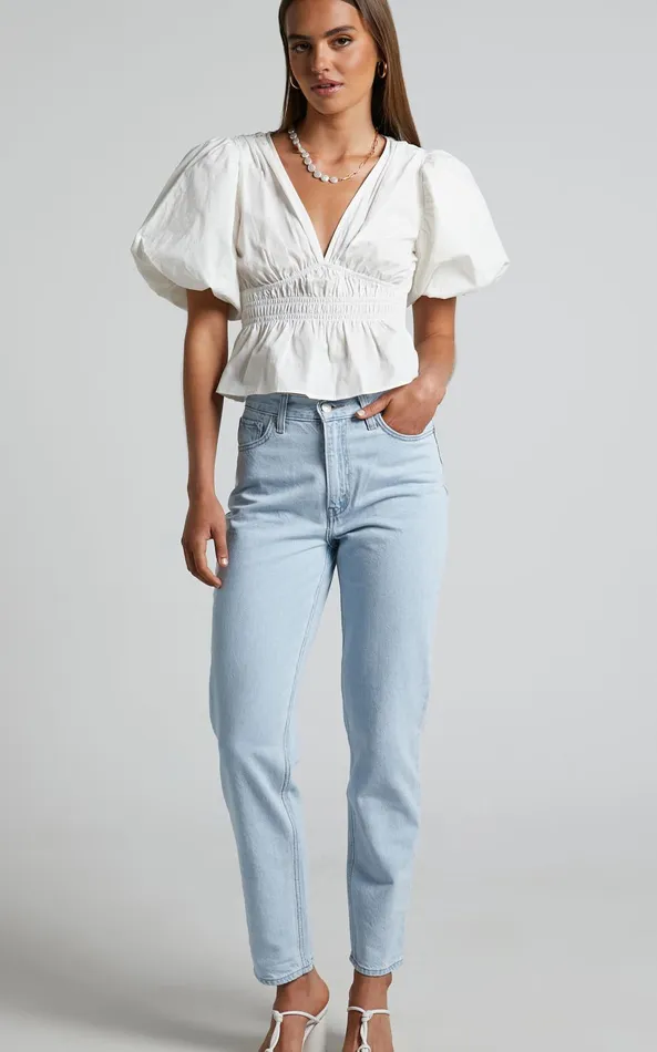 Showpo Mellie Top 8211 Puff Sleeve Peplum Top In White Women Curve Clothes