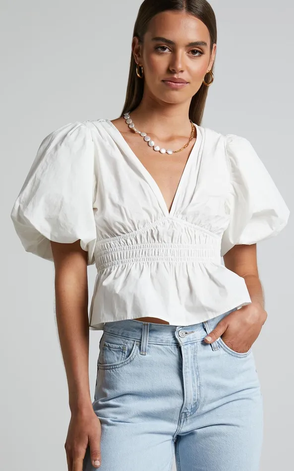 Showpo Mellie Top 8211 Puff Sleeve Peplum Top In White Women Curve Clothes