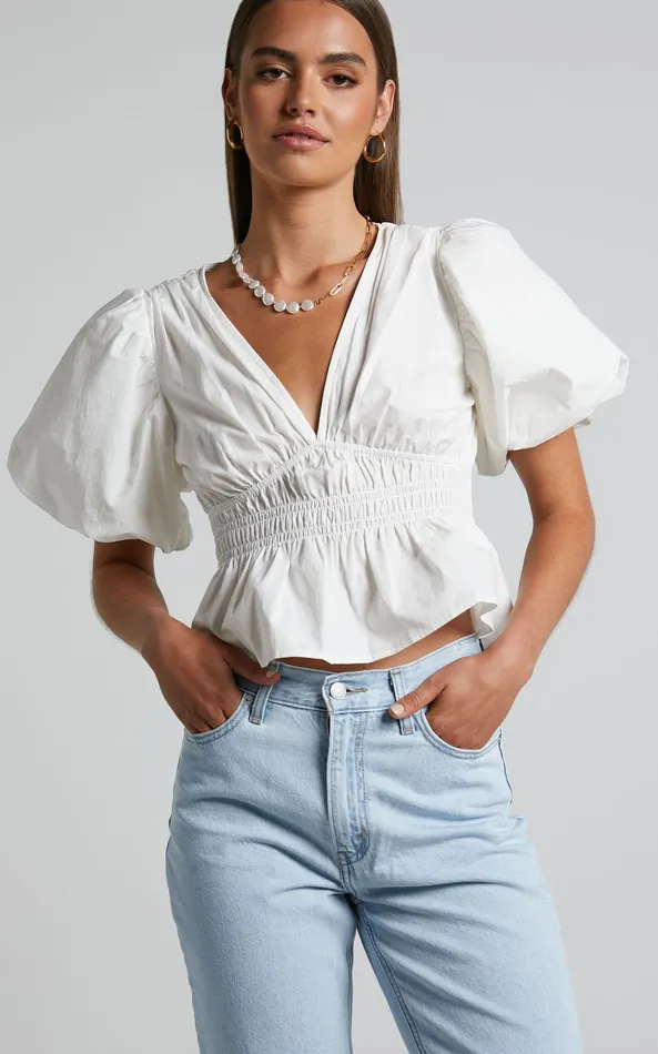 Showpo Mellie Top 8211 Puff Sleeve Peplum Top In White Women Curve Clothes