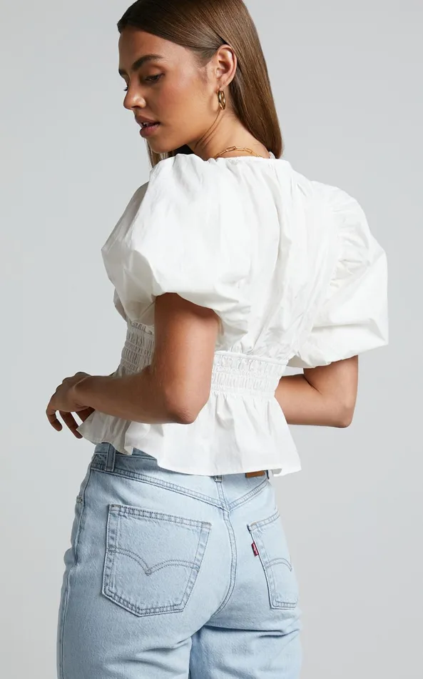 Showpo Mellie Top 8211 Puff Sleeve Peplum Top In White Women Curve Clothes