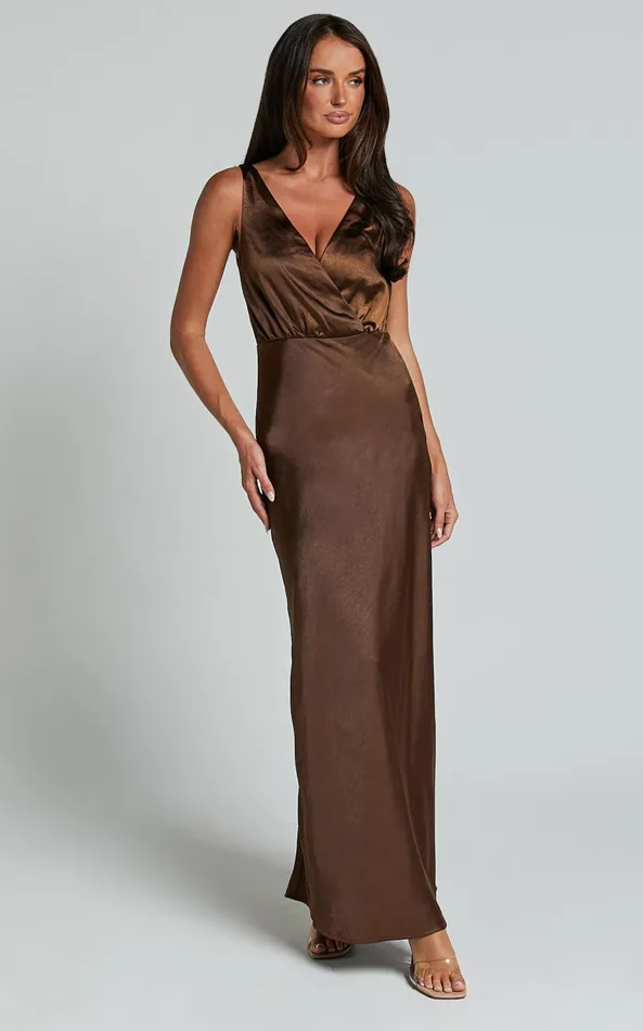 Showpo Melodie Midi Dress 8211 V Neck Satin Slip Dress In Chocolate Women Dresses