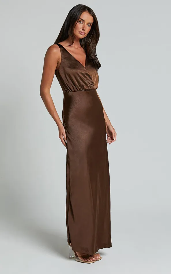 Showpo Melodie Midi Dress 8211 V Neck Satin Slip Dress In Chocolate Women Dresses