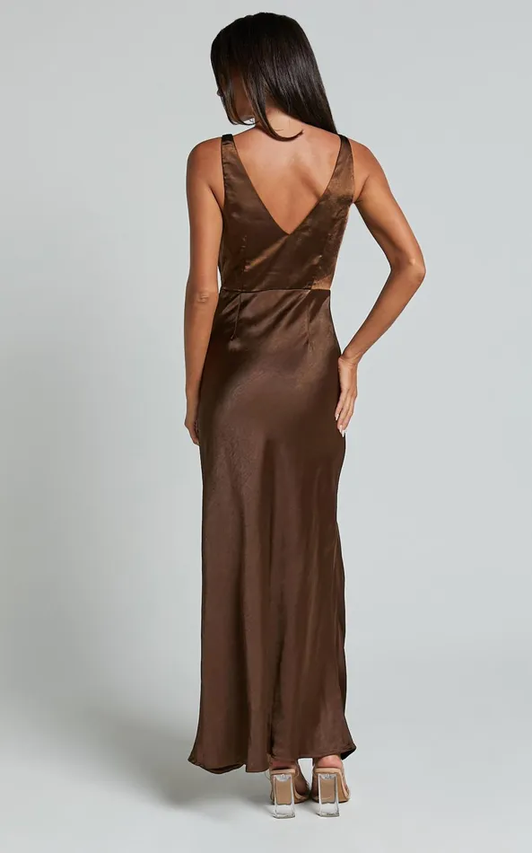 Showpo Melodie Midi Dress 8211 V Neck Satin Slip Dress In Chocolate Women Dresses