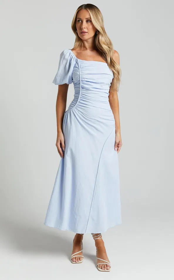 Showpo Menceth Midi Dress 8211 One Shoulder Puff Sleeve Ruched Dress In Blue Women Dresses Showpo Menceth Midi Dress 8211 One Shoulder Puff Sleeve Ruched Dress In Blue Women Dresses