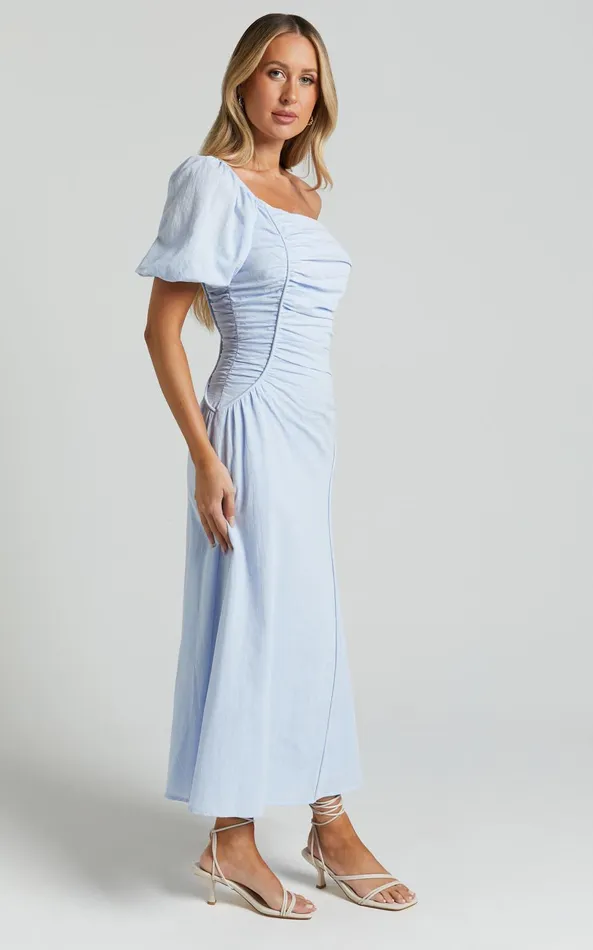 Showpo Menceth Midi Dress 8211 One Shoulder Puff Sleeve Ruched Dress In Blue Women Dresses