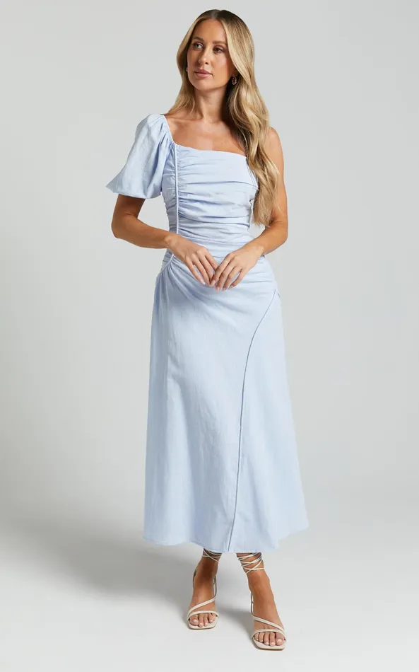Showpo Menceth Midi Dress 8211 One Shoulder Puff Sleeve Ruched Dress In Blue Women Dresses