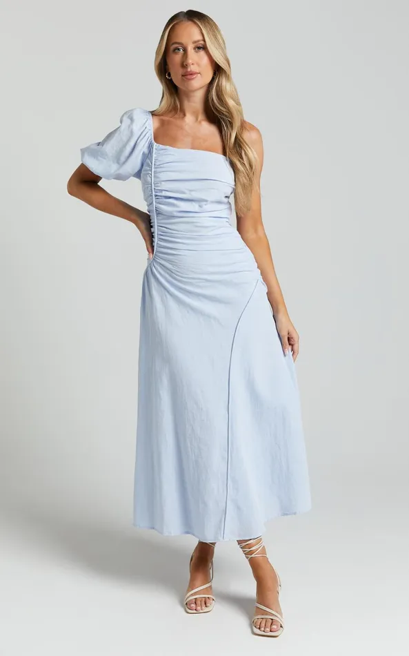 Showpo Menceth Midi Dress 8211 One Shoulder Puff Sleeve Ruched Dress In Blue Women Dresses
