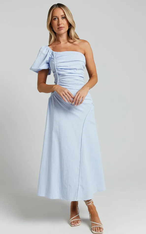 Showpo Menceth Midi Dress 8211 One Shoulder Puff Sleeve Ruched Dress In Blue Women Dresses