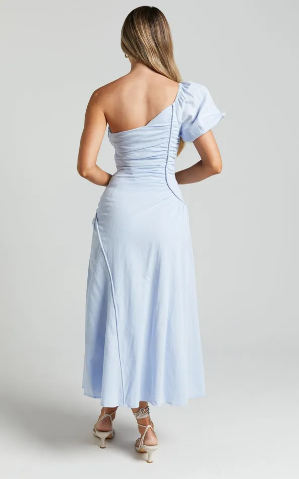 Showpo Menceth Midi Dress 8211 One Shoulder Puff Sleeve Ruched Dress In Blue Women Dresses
