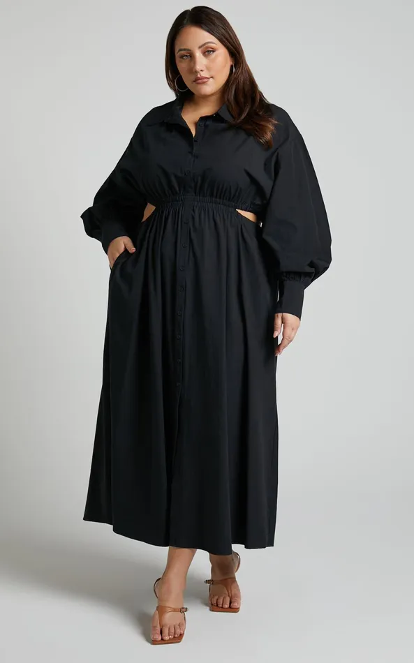 Showpo Merabelle Midi Dress 8211 Side Cut Out Collared Long Sleeve Shirt Dress In Black Women Curve Clothes