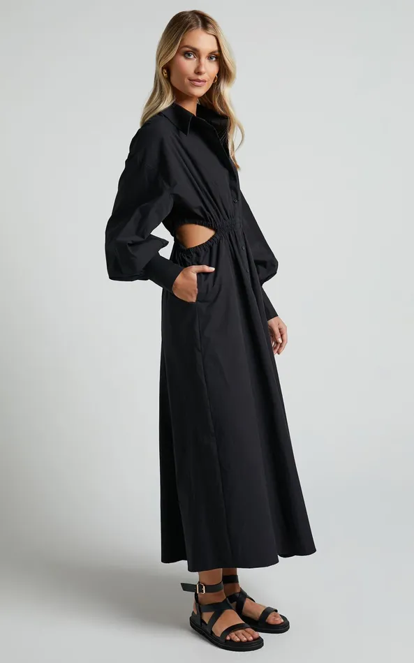 Showpo Merabelle Midi Dress 8211 Side Cut Out Collared Long Sleeve Shirt Dress In Black Women Curve Clothes
